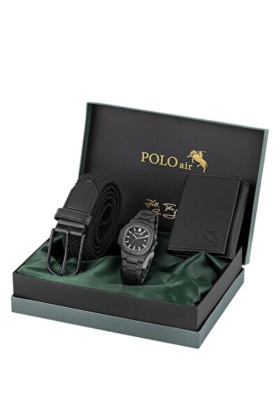 Polo Air Takvimli Erkek Kol Saati Örgü Esnek Kemer Mıknatıslı Cüzdan Seti Siy...