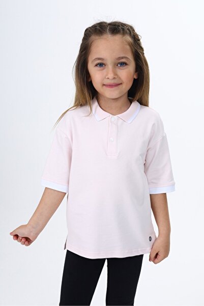 Toontoy Girl's Printed Polo Neck Snap Fastener Short Sleeve Slit T-Shirt