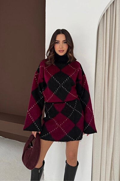 Noi Belis Plaid Oversized Sweater Mini Skirt Knitwear Bottom-Top Set Aw25Au0033