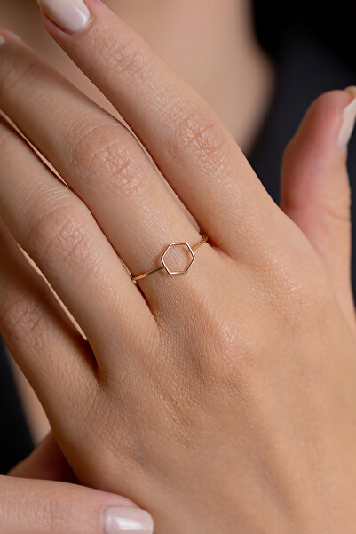 Bayar Gold 14 Ayar Altın İçi Boş Minimal Altıgen Yüzük