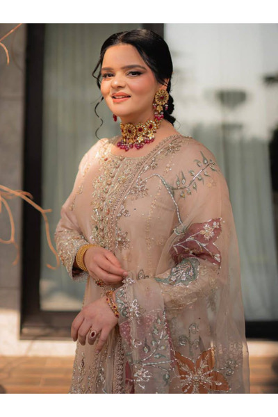 MYSMAR Beige Chinon Kameez Salwar & Dupatta - HRT4889 | Beige