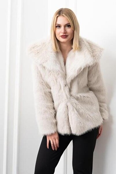 Elaxi Women's Pocketed Snap Closure Faux Leather : Faux Fur Coat