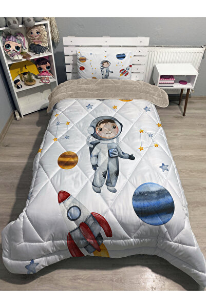 yok yok evim eve dair her şey Welsoft Fluffy Double Sided Astronot Patterned Single Duvet Sleeping Set