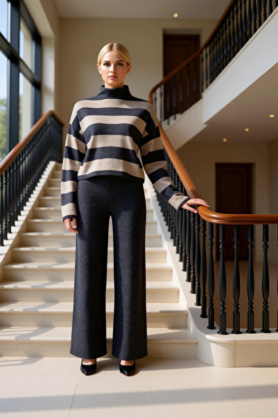 BENERLY Women's Bottom Top Anthracite Striped Mock Neck Low Sleeve Oversized ...