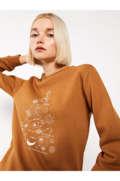 LC Waikiki Γυναικείο χοντρό φούτερ LCW Vision Brown Crew Neck με τύπωμα