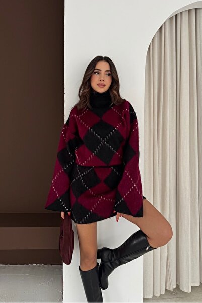Noi Belis Plaid Oversized Sweater Mini Skirt Knitwear Bottom-Top Set Aw25Au0033