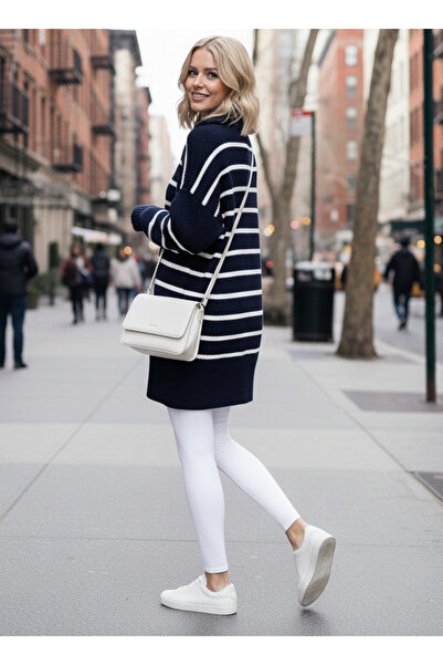 Millionaire Жіноча синьо-біла смугаста oversize туніка з рибальським коміром на блискавці, трикотажний светр