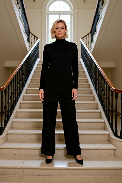 BENERLY Women's Bottom Top High Neck Long Sleeve Knitwear Tunic Slit Wide Leg...