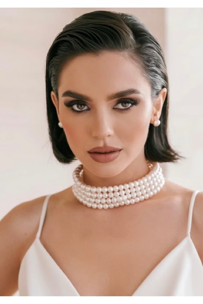 Jovela 4 dört sıra cam inci choker tasma kolye