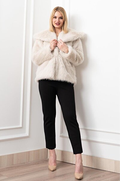 Elaxi Women's Pocketed Snap Closure Faux Leather : Faux Fur Coat