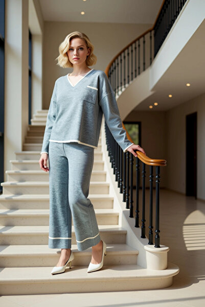 BENERLY طقم سترة نسائية واسعة بياقة على شكل V وأكمام منخفضة من الغزل المخملي ...