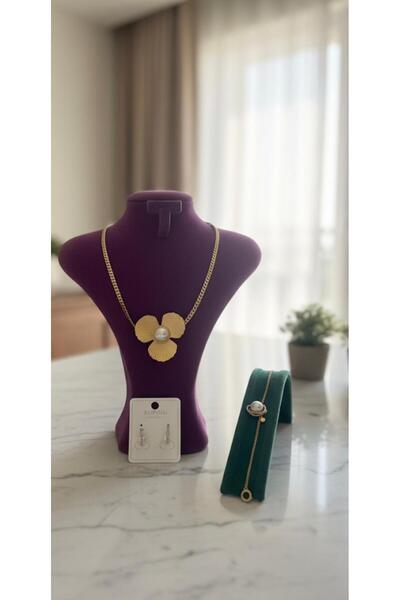 bettin tasarım İncili Çiçek Detaylı Altın Renk Kadın Kolye Şık Set Xupıng Küpe Bileklik Üçlü Takım Paslanmaz Çelik