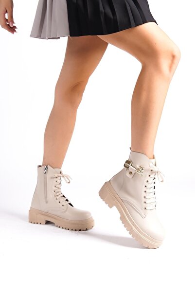 asmi shoes Γυναικείες καθημερινές κοντές μπότες Eva Cream με κορδόνια με φερμουάρ αρκουδάκι με παχιά σόλα