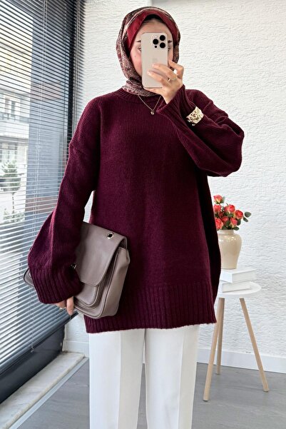 MELEK ARAZ Basic Oversize Triko Kazak – Bordo