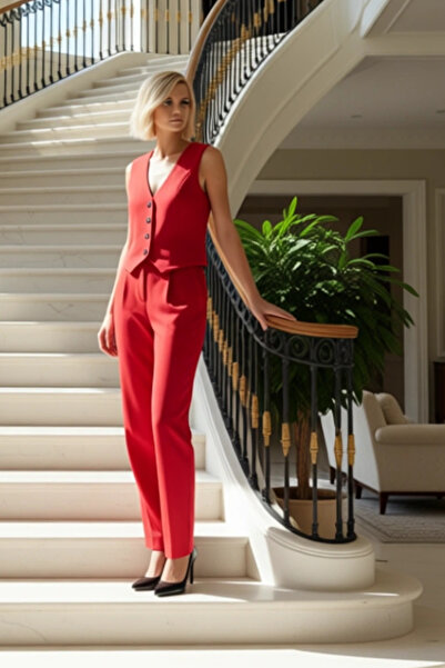 BENERLY Women's Bottom Top Regular Fit Woven Vest and Wide Leg Pants Set Offi...