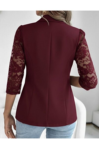 soonaksesuar Women's Long Sleeve Three Quarter Sleeve Button Front Pocket Lace Atlas Jacket