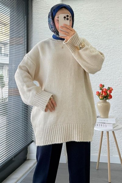 MELEK ARAZ Basic Oversize Triko Kazak – Taş