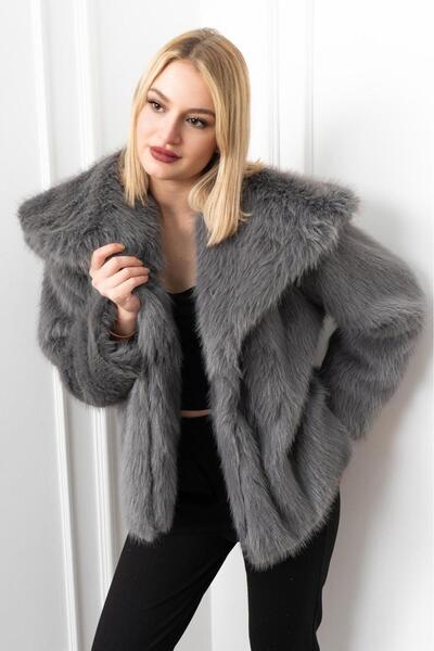 Elaxi Women's Pocketed Snap Closure Faux Leather : Faux Fur Coat