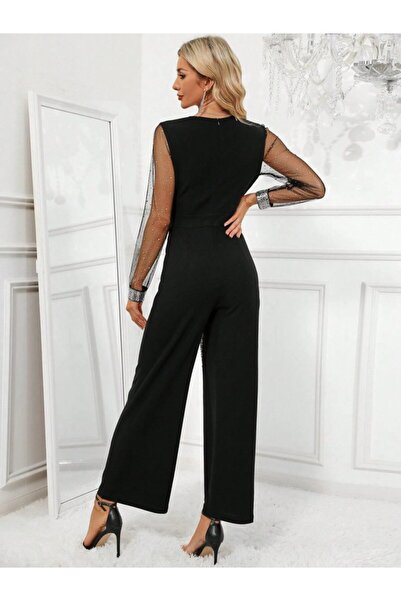 soonaksesuar Women's Long V-Neck Front Sequin Detailed Tulle Long Imported Crepe Jumpsuit