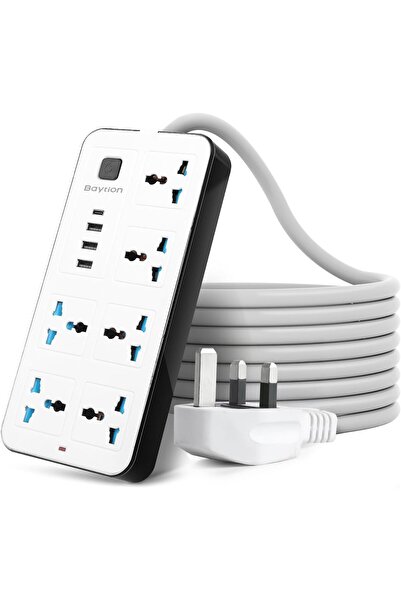 Baytion Extension Lead Universal 6-Gang with 3 USB & 1 Type-C, 1.88m (White)