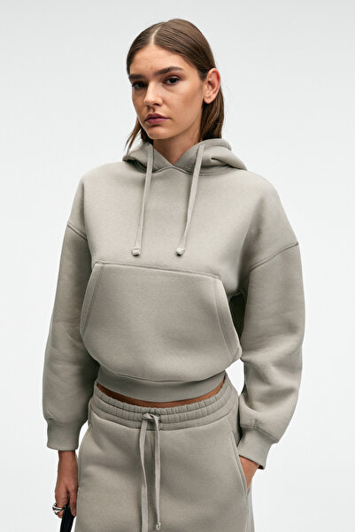 GRIMELANGE Selene Women's Hooded Kangru Pocket Regular Fit Light Gray Sweatshirt