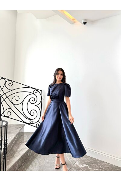 NURGENC Bade Lacivert Saten Kloş Etek Midi Boy Kısa Kol Abiye Elbise