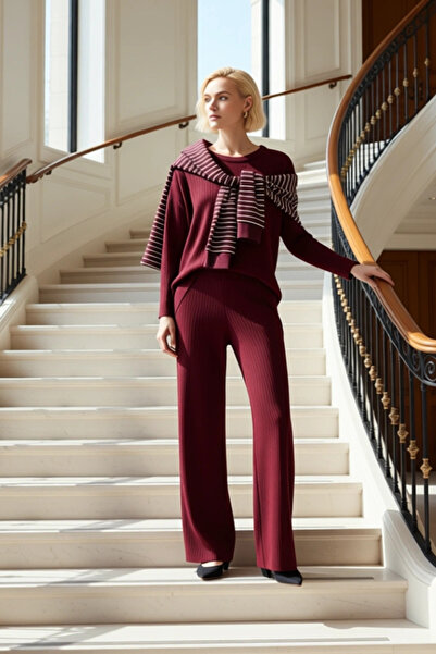 BENERLY Set de tricotaje cu nervuri pentru femei, cu gât tip crew, mâneci scu...