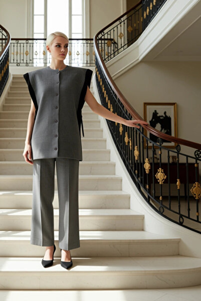 BENERLY طقم سترة نسائية محبوكة بـ ألوان متباينة أزرار وبنطلون واسع الساق، مجم...