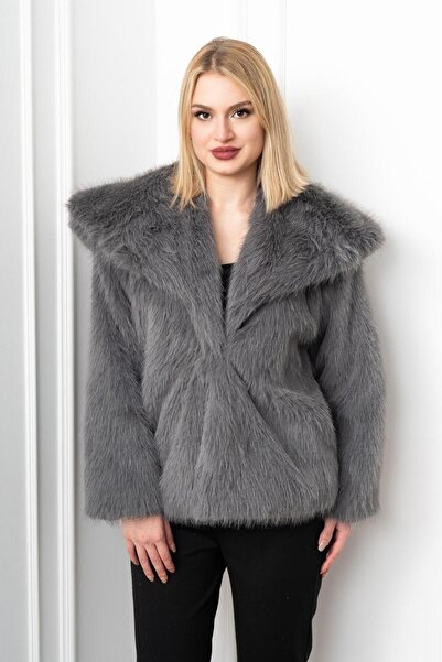 Elaxi Women's Pocketed Snap Closure Faux Leather : Faux Fur Coat