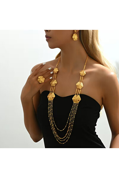 set.up 22 AYAR ALTIN KAPLAMA DÜĞÜN SETİ UZUN KOLYE KÜPE YÜZÜK BİLEKLİK 3 PARÇ...