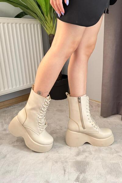 asmi shoes Women's Riva Beige Leather Side Zipper Lace-Up High Wedge Heeled Long Boots Bootie