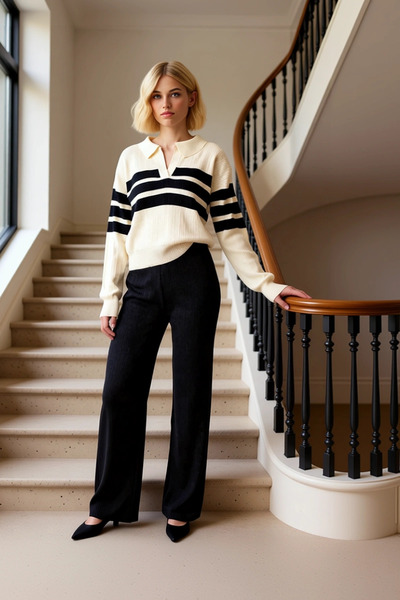 BENERLY Women's Striped Polo Neck Knitwear Sweater and Wide-Leg Pants Set Red...