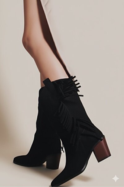 Afilli Afili Γυναικείες μαύρες φούντες με κρόσσια διαφορετικές καουμπόικες μπότες με χοντρό τακούνι