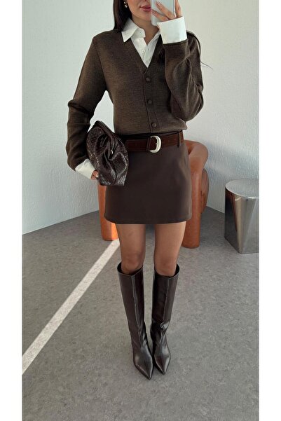 HAZELANNA Suede Belted Brown Skirt