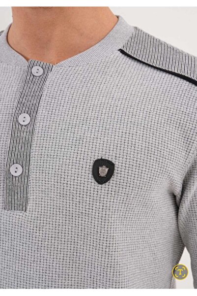 Lohusa Dünyasi Men's Gray Crew Neck Half Buttoned Thessaloniki Fabric Winter Plus Size (Oversized) Pajama Set