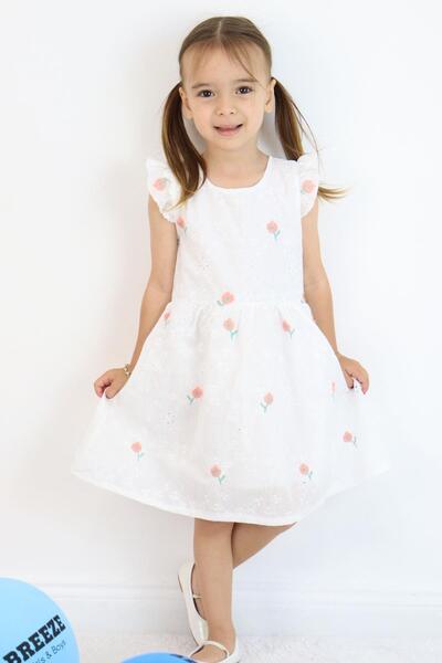 Breeze Rochie pentru fetiță cu broderie florală și detaliu din guipură, 3-7 ani, ecru