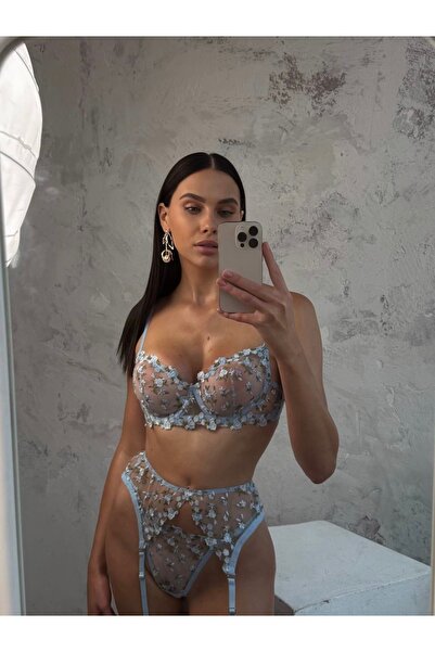 lizabella Mavi Çiçekli Balenli Dantel Sütyen & Tanga & Jartiyer, İç Çamaşır Takımı