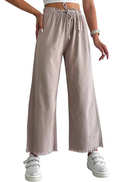 CT STONES Pantaloni Palazzo cu ciucuri la tiv - Bej