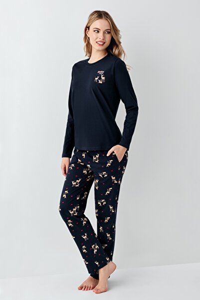 White Velvet Women's Navy Blue Color 100% Cotton Round Neck Long Sleeve Deer Printed Pajamas Set