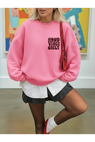 ArtYus Unisex Long Sleeve Good Vibes Only Transfer Printed Plus Size Crew Neck Sweatshirt