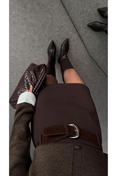 HAZELANNA Suede Belted Brown Skirt