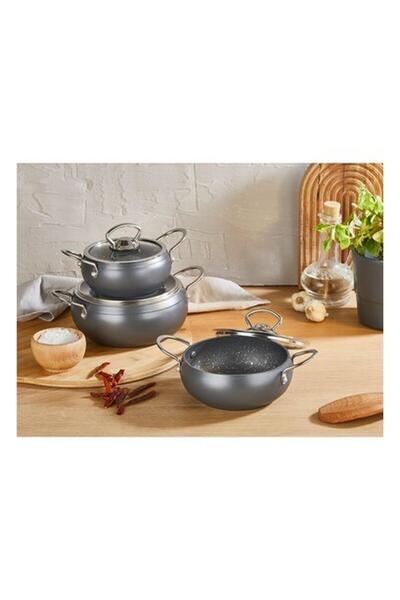 teknotrust 6 Parça Granit Mini Küre Tencere Seti, Antrasit, 12/14/16 cm, daya...