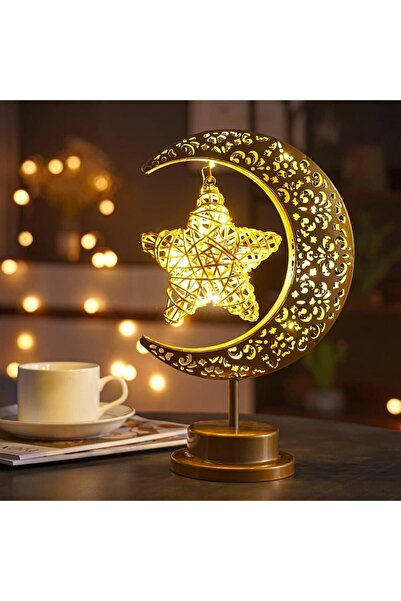 Generic Ramadan Moon Table Lamp - Crescent Moon & Stars Nightlight (Gold)