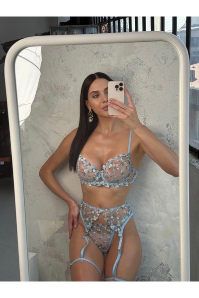 lizabella Mavi Çiçekli Balenli Dantel Sütyen & Tanga & Jartiyer, İç Çamaşır Takımı