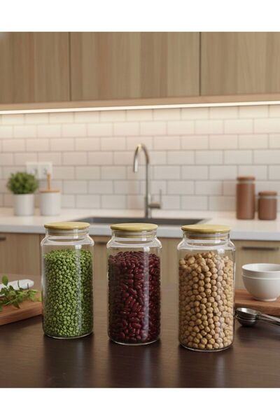 Buğra Home برطمان زجاجي مفرغ الهواء بغطاء من الخيزران سعة 1.3 لتر - مع ملصق هدية