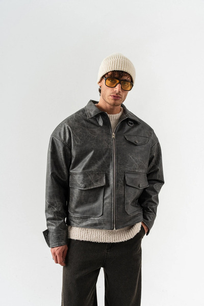 go gang own Δερμάτινο παλτό με φερμουάρ και λεπτομέρεια τσέπης Flarepoint