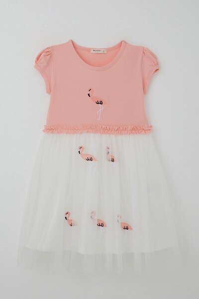 Breeze Girl's Dress Cute Flamingo Embroidered Tulle 4-8 Years Old, Salmon
