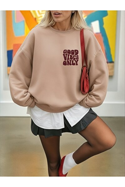 ArtYus Unisex Long Sleeve Good Vibes Only Transfer Printed Plus Size Crew Neck Sweatshirt