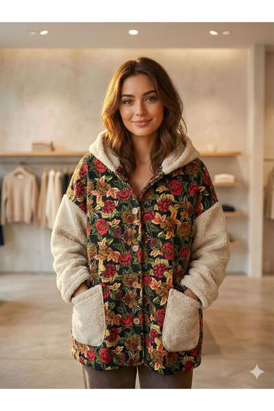 AGORATEKSTİL Women's Buttoned Hooded Flannel Lamb Jacket