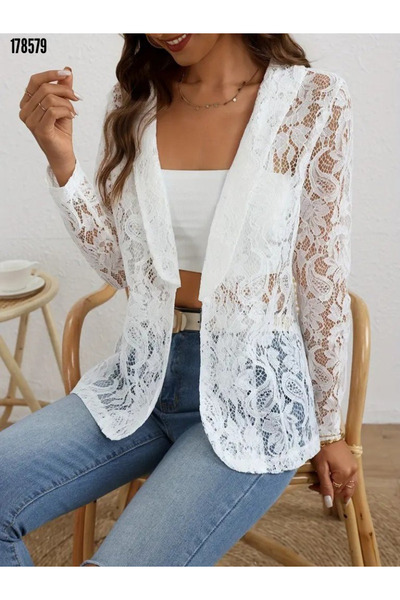 Viyamo Yeni Sezon Kadın Şık Dantel Detaylı Önden Açık Yakalı Uzun Kollu Ceket